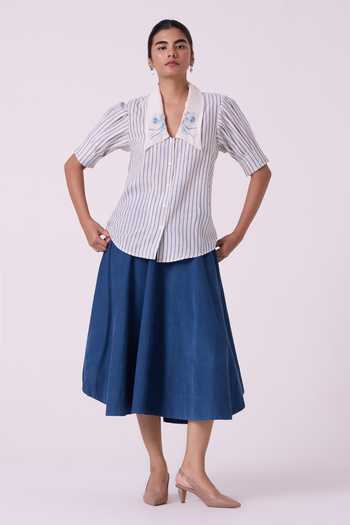 The Summer House_Blue Cotton Shawl Neck Kumo Striped Embroidered Handwoven Top _Online_at_Aza_Fashions