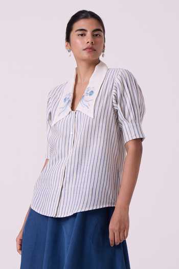 Buy_The Summer House_Blue Cotton Shawl Neck Kumo Striped Embroidered Handwoven Top _Online_at_Aza_Fashions