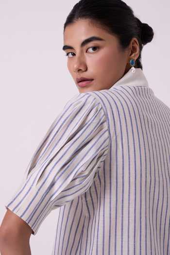 Shop_The Summer House_Blue Cotton Shawl Neck Kumo Striped Embroidered Handwoven Top _Online_at_Aza_Fashions
