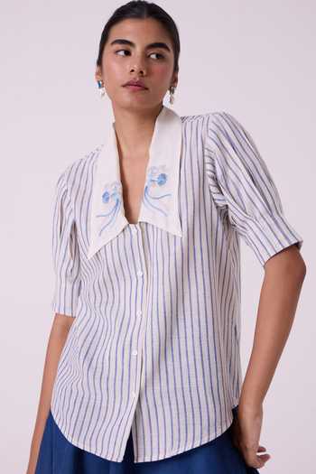The Summer House_Blue Cotton Shawl Neck Kumo Striped Embroidered Handwoven Top _at_Aza_Fashions