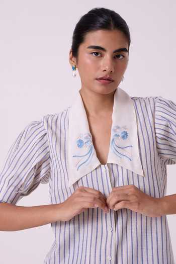 Buy_The Summer House_Blue Cotton Shawl Neck Kumo Striped Embroidered Handwoven Top 