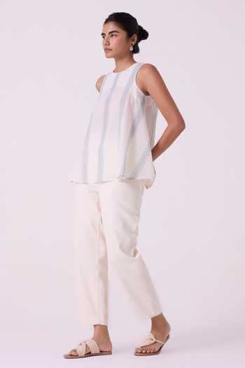 The Summer House_Blue Cotton Round Neck Mizu Striped Handwoven Tent Top _Online_at_Aza_Fashions