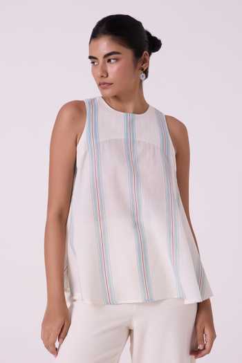 Shop_The Summer House_Blue Cotton Round Neck Mizu Striped Handwoven Tent Top _Online_at_Aza_Fashions