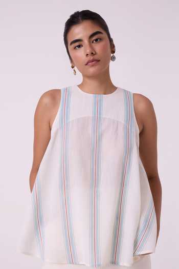 The Summer House_Blue Cotton Round Neck Mizu Striped Handwoven Tent Top _at_Aza_Fashions
