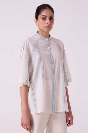 The Summer House White Cotton Mandarin Collar Kisaiya Striped Handwoven Top Online at Aza Fashions The Summer House_White Cotton Mandarin Collar Kisaiya Striped Handwoven Top _Online_at_Aza_Fashions