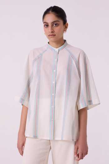 Buy The Summer House White Cotton Mandarin Collar Kisaiya Striped Handwoven Top Online at Aza Fashions Buy_The Summer House_White Cotton Mandarin Collar Kisaiya Striped Handwoven Top _Online_at_Aza_Fashions