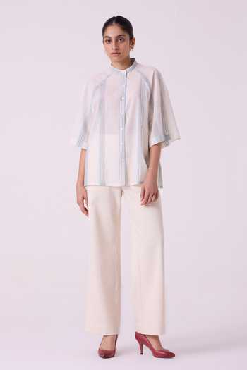 The Summer House White Cotton Mandarin Collar Kisaiya Striped Handwoven Top at Aza Fashions The Summer House_White Cotton Mandarin Collar Kisaiya Striped Handwoven Top _at_Aza_Fashions