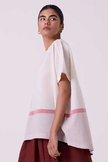 The Summer House_White Cotton Round Neck Kaze Ecru Colourblocked Handwoven Tent Top _Online_at_Aza_Fashions