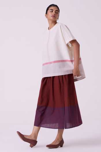 Buy_The Summer House_White Cotton Round Neck Kaze Ecru Colourblocked Handwoven Tent Top _Online_at_Aza_Fashions