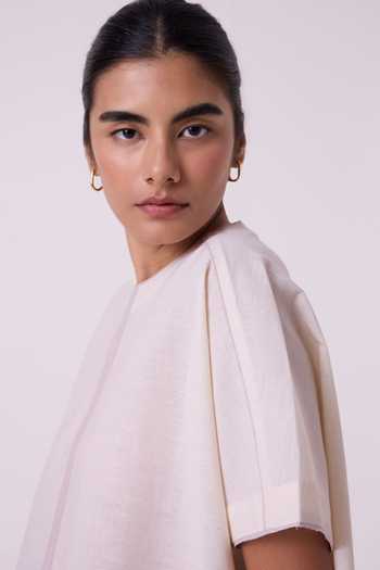 Shop_The Summer House_White Cotton Round Neck Kaze Ecru Colourblocked Handwoven Tent Top _Online_at_Aza_Fashions