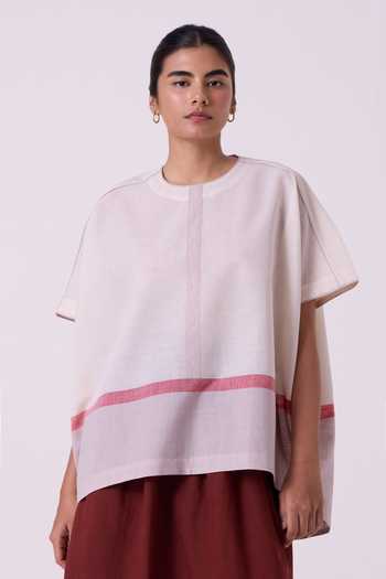 The Summer House_White Cotton Round Neck Kaze Ecru Colourblocked Handwoven Tent Top _at_Aza_Fashions