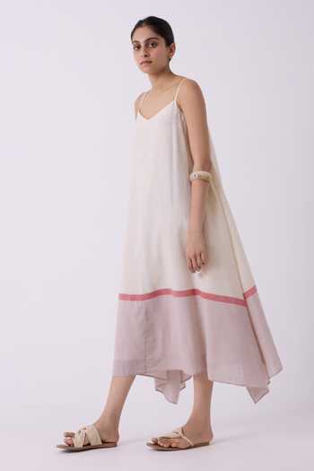 The Summer House Off White Cotton V-neck Jane Ecru Colourblocked Handwoven Dress Online at Aza Fashions The Summer House_Off White Cotton V-neck Jane Ecru Colourblocked Handwoven Dress _Online_at_Aza_Fashions