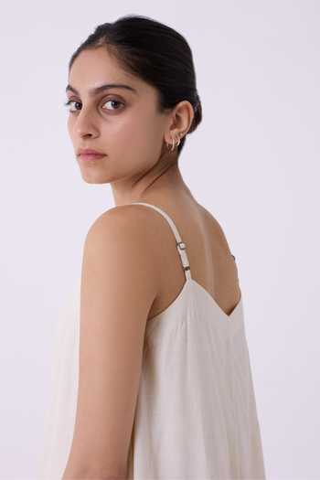 Shop The Summer House Off White Cotton V-neck Jane Ecru Colourblocked Handwoven Dress Online at Aza Fashions Shop_The Summer House_Off White Cotton V-neck Jane Ecru Colourblocked Handwoven Dress _Online_at_Aza_Fashions