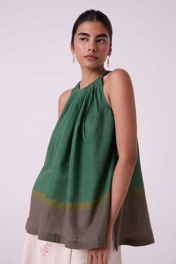 Shop The Summer House Green Cotton Halter Neck Margo Colourblocked Handwoven Top Online at Aza Fashions Shop_The Summer House_Green Cotton Halter Neck Margo Colourblocked Handwoven Top _Online_at_Aza_Fashions