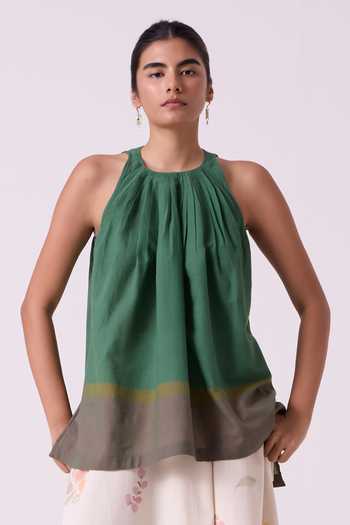 The Summer House Green Cotton Halter Neck Margo Colourblocked Handwoven Top at Aza Fashions The Summer House_Green Cotton Halter Neck Margo Colourblocked Handwoven Top _at_Aza_Fashions