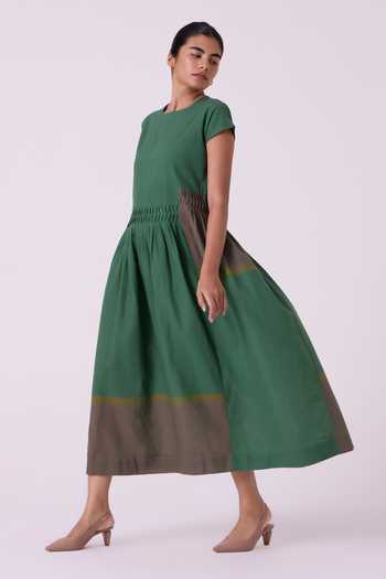 The Summer House Green Cotton Round Neck Mori Colourblocked Handwoven Midi Dress Online at Aza Fashions The Summer House_Green Cotton Round Neck Mori Colourblocked Handwoven Midi Dress _Online_at_Aza_Fashions