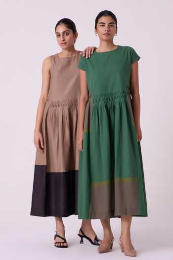 Buy The Summer House Green Cotton Round Neck Mori Colourblocked Handwoven Midi Dress Online at Aza Fashions Buy_The Summer House_Green Cotton Round Neck Mori Colourblocked Handwoven Midi Dress _Online_at_Aza_Fashions