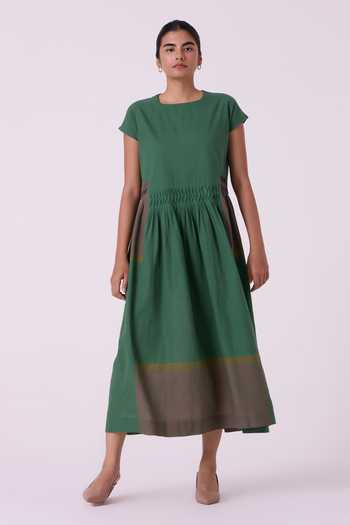 Shop The Summer House Green Cotton Round Neck Mori Colourblocked Handwoven Midi Dress Online at Aza Fashions Shop_The Summer House_Green Cotton Round Neck Mori Colourblocked Handwoven Midi Dress _Online_at_Aza_Fashions