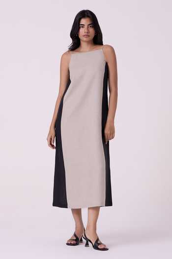 Buy The Summer House Black Linen Square Neck Kei Beige Panelled Midi Dress Online at Aza Fashions Buy_The Summer House_Black Linen Square Neck Kei Beige Panelled Midi Dress _Online_at_Aza_Fashions