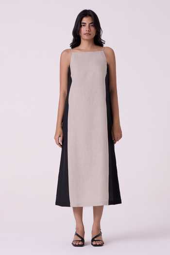The Summer House Kei Beige Linen Panelled Midi Dress 