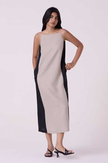 Shop The Summer House Black Linen Square Neck Kei Beige Panelled Midi Dress Online at Aza Fashions Shop_The Summer House_Black Linen Square Neck Kei Beige Panelled Midi Dress _Online_at_Aza_Fashions