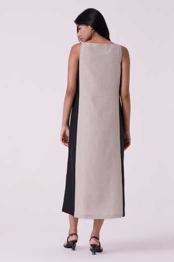 The Summer House Kei Beige Linen Panelled Midi Dress 