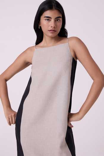 The Summer House Black Linen Square Neck Kei Beige Panelled Midi Dress at Aza Fashions The Summer House_Black Linen Square Neck Kei Beige Panelled Midi Dress _at_Aza_Fashions
