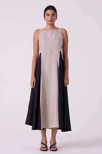 The Summer House Black Linen Square Neck Weasley Beige Panelled Midi Dress Online at Aza Fashions The Summer House_Black Linen Square Neck Weasley Beige Panelled Midi Dress _Online_at_Aza_Fashions