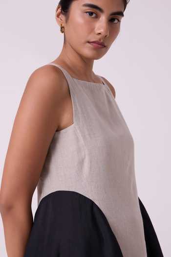 Buy The Summer House Black Linen Square Neck Weasley Beige Panelled Midi Dress Buy_The Summer House_Black Linen Square Neck Weasley Beige Panelled Midi Dress