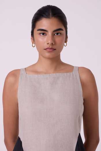 Shop The Summer House Black Linen Square Neck Weasley Beige Panelled Midi Dress Shop_The Summer House_Black Linen Square Neck Weasley Beige Panelled Midi Dress
