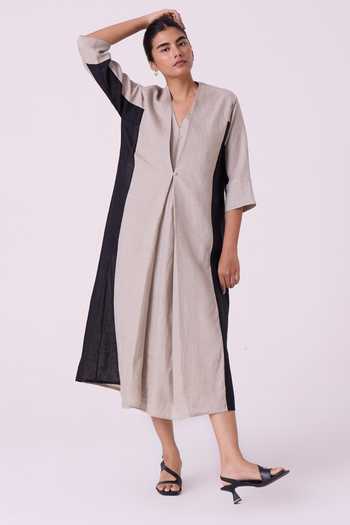The Summer House Kaku Beige Linen Panelled Midi Dress 