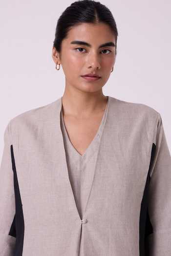 Buy_The Summer House_Black Linen V-neck Kaku Beige Panelled Midi Dress _Online_at_Aza_Fashions