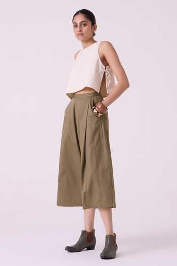 The Summer House Olive Green Cotton, Twill Frances Pant Online at Aza Fashions The Summer House_Olive Green Cotton, Twill Frances Pant _Online_at_Aza_Fashions