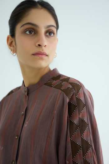 The Summer House Brown Cotton Mandarin Collar Amer Handwoven Embroidered Top Online at Aza Fashions The Summer House_Brown Cotton Mandarin Collar Amer Handwoven Embroidered Top _Online_at_Aza_Fashions