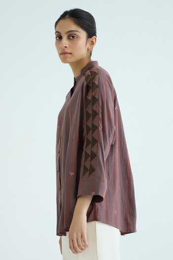 Buy The Summer House Brown Cotton Mandarin Collar Amer Handwoven Embroidered Top Online at Aza Fashions Buy_The Summer House_Brown Cotton Mandarin Collar Amer Handwoven Embroidered Top _Online_at_Aza_Fashions