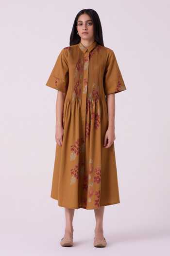 The Summer House Brown Cotton Collared Neck Minerva Floral Hand Printed Midi Dress Online at Aza Fashions The Summer House_Brown Cotton Collared Neck Minerva Floral Hand Printed Midi Dress _Online_at_Aza_Fashions
