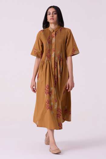 Buy The Summer House Brown Cotton Collared Neck Minerva Floral Hand Printed Midi Dress Online at Aza Fashions Buy_The Summer House_Brown Cotton Collared Neck Minerva Floral Hand Printed Midi Dress _Online_at_Aza_Fashions