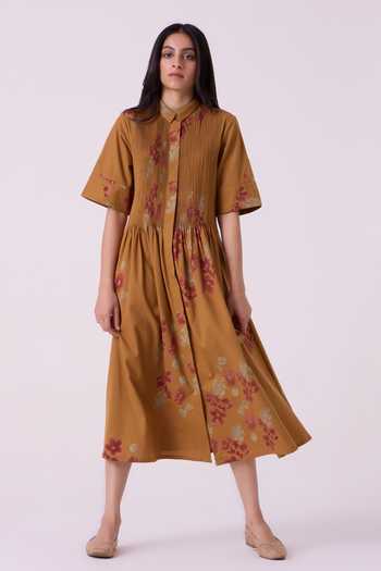 Shop The Summer House Brown Cotton Collared Neck Minerva Floral Hand Printed Midi Dress Online at Aza Fashions Shop_The Summer House_Brown Cotton Collared Neck Minerva Floral Hand Printed Midi Dress _Online_at_Aza_Fashions