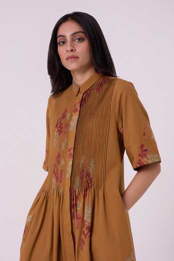 The Summer House Brown Cotton Collared Neck Minerva Floral Hand Printed Midi Dress at Aza Fashions The Summer House_Brown Cotton Collared Neck Minerva Floral Hand Printed Midi Dress _at_Aza_Fashions