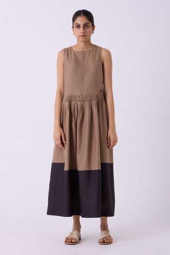 The Summer House_Brown Linen Round Neck Sumi Color Block Dress _Online_at_Aza_Fashions