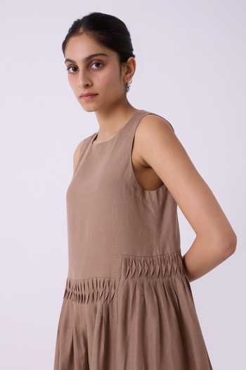 Buy_The Summer House_Brown Linen Round Neck Sumi Color Block Dress _Online_at_Aza_Fashions
