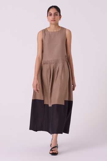 Shop_The Summer House_Brown Linen Round Neck Sumi Color Block Dress _Online_at_Aza_Fashions
