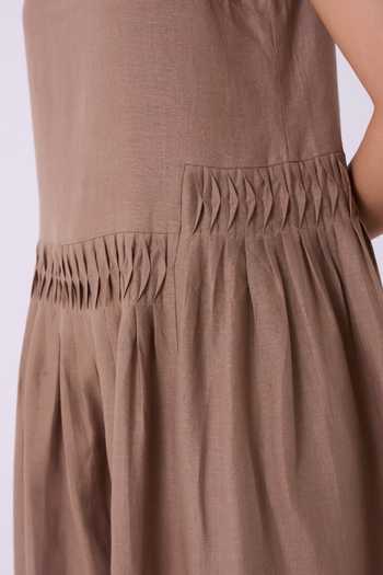 The Summer House_Brown Linen Round Neck Sumi Color Block Dress _at_Aza_Fashions