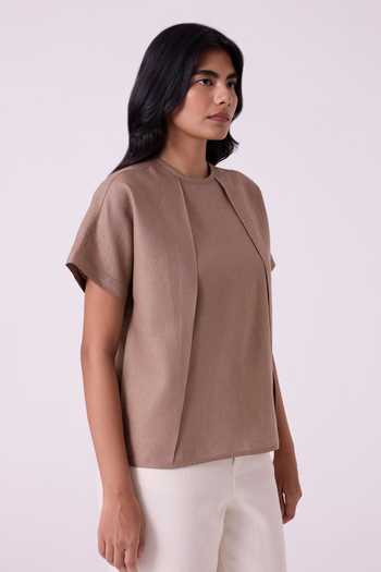 The Summer House Brown Linen Round Neck Pam Top Online at Aza Fashions The Summer House_Brown Linen Round Neck Pam Top _Online_at_Aza_Fashions
