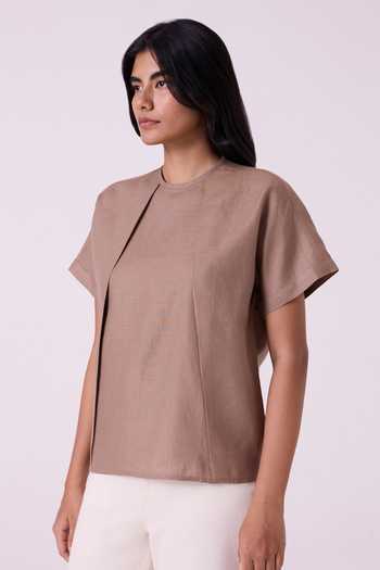 Buy The Summer House Brown Linen Round Neck Pam Top Online at Aza Fashions Buy_The Summer House_Brown Linen Round Neck Pam Top _Online_at_Aza_Fashions