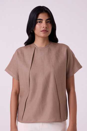 Shop The Summer House Brown Linen Round Neck Pam Top Online at Aza Fashions Shop_The Summer House_Brown Linen Round Neck Pam Top _Online_at_Aza_Fashions