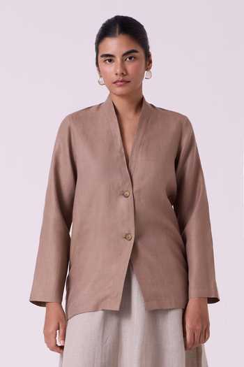 The Summer House Brown Linen V-neck Darcy Jacket Online at Aza Fashions The Summer House_Brown Linen V-neck Darcy Jacket _Online_at_Aza_Fashions