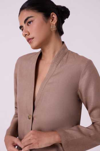 Buy The Summer House Brown Linen V-neck Darcy Jacket Online at Aza Fashions Buy_The Summer House_Brown Linen V-neck Darcy Jacket _Online_at_Aza_Fashions