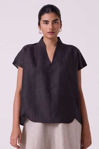 Buy The Summer House Black Linen V-neck Orion Charcoal Top Online at Aza Fashions Buy_The Summer House_Black Linen V-neck Orion Charcoal Top _Online_at_Aza_Fashions