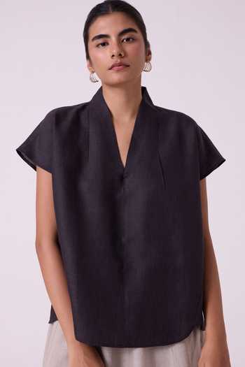 Shop The Summer House Black Linen V-neck Orion Charcoal Top Online at Aza Fashions Shop_The Summer House_Black Linen V-neck Orion Charcoal Top _Online_at_Aza_Fashions